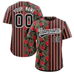 Black Red Hawaii Tropical Flower Stripe Baseball Jersey