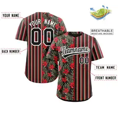 Black Red Hawaii Tropical Flower Stripe Baseball Jersey 2
