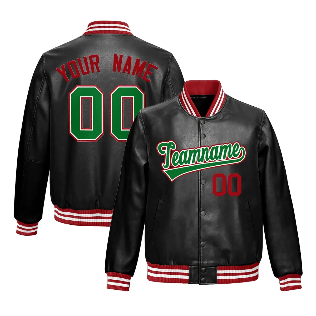Black Red Kelly Green Full-Snap Varsity Faux Leather Letterman Jacket