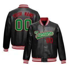 Black Red Kelly Green Full-Snap Varsity Faux Leather Letterman Jacket