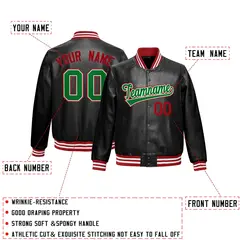 Black Red Kelly Green Full-Snap Varsity Faux Leather Letterman Jacket 2