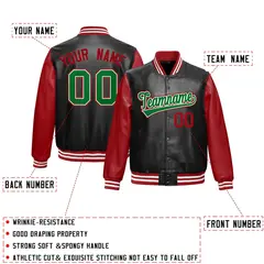 Black Red Kelly Green Raglan Full-Snap Varsity Faux Leather Letterman Jacket 2