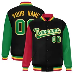 Black Red-Kelly Green Raglan Varsity Full-Snap Letterman Baseball Jacket