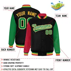 Black Red-Kelly Green Raglan Varsity Full-Snap Letterman Baseball Jacket 2