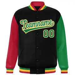 Black Red-Kelly Green Raglan Varsity Full-Snap Letterman Baseball Jacket 3