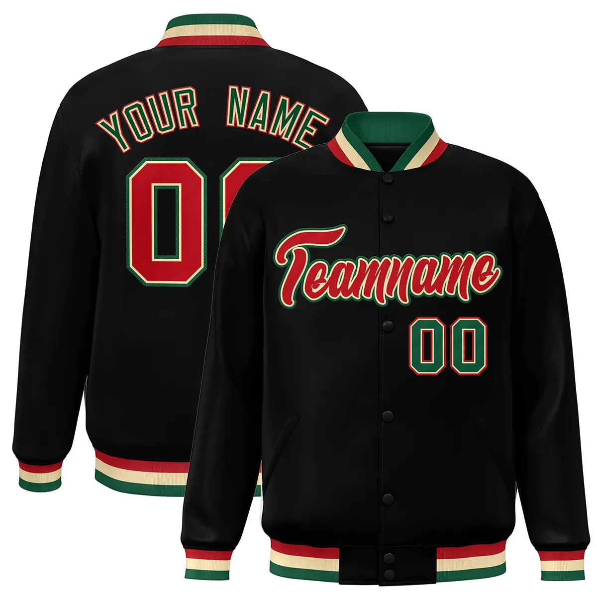 Black Red-Khaki Classic Varsity Full-Snap Letterman Jacket