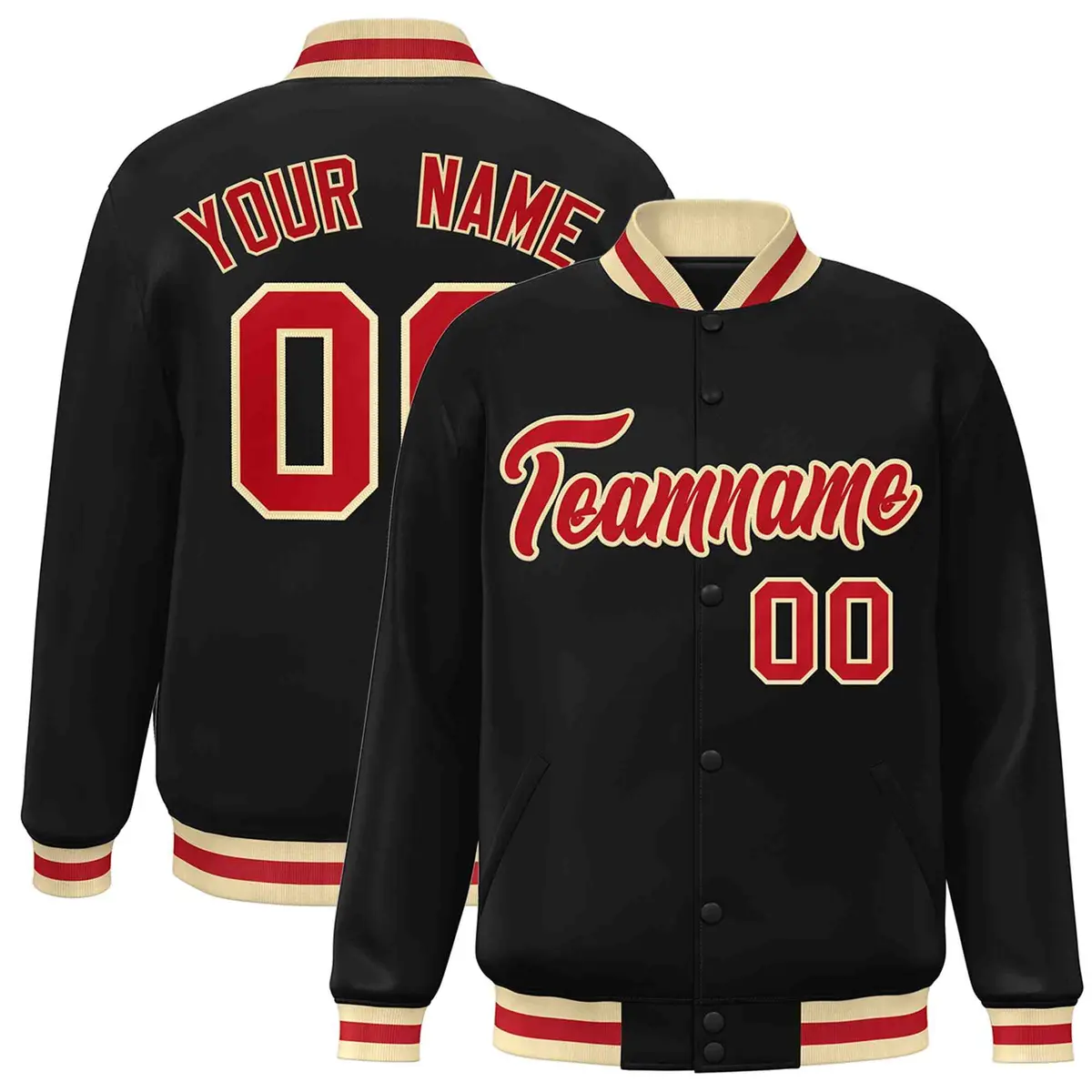 Black Red-Khaki Classic Varsity Full-Snap Letterman Jacket