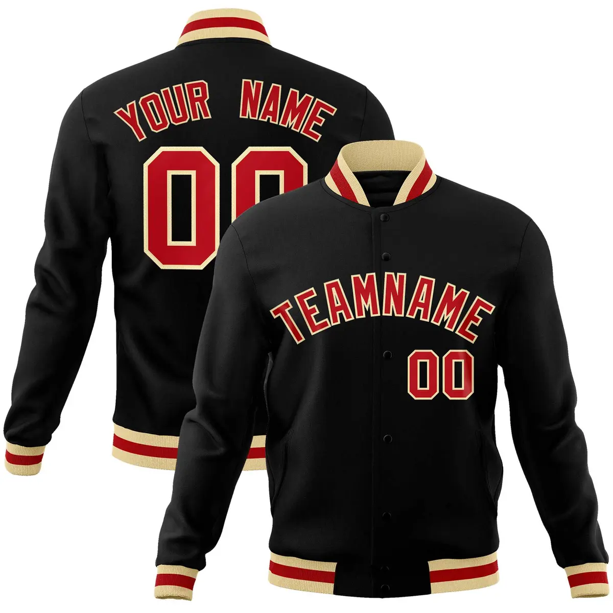 Black Red-Khaki Classic Varsity Full-Snap Letterman Jacket