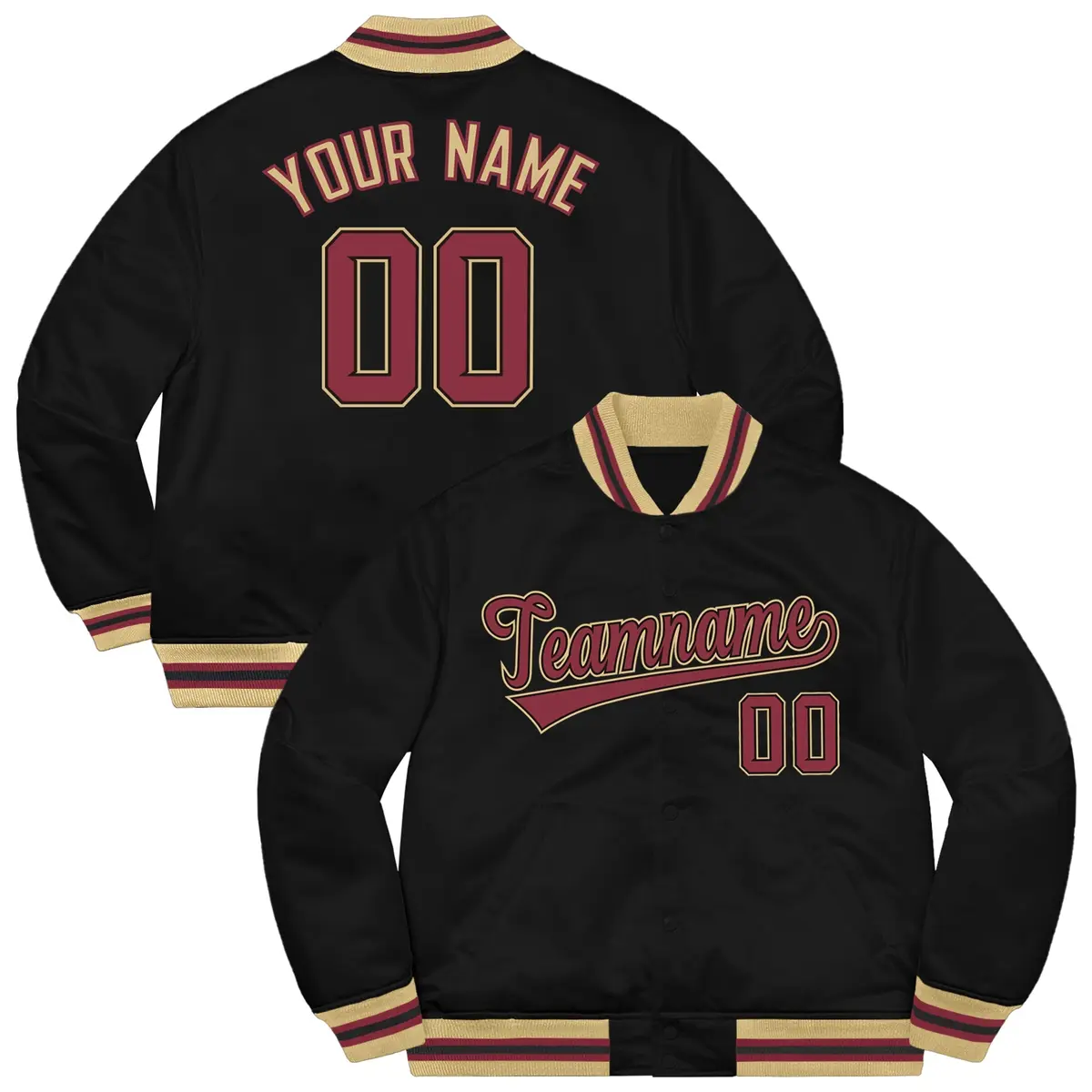 Black Red-Khaki Soldier Full-Snap Varsity Letterman Jacket