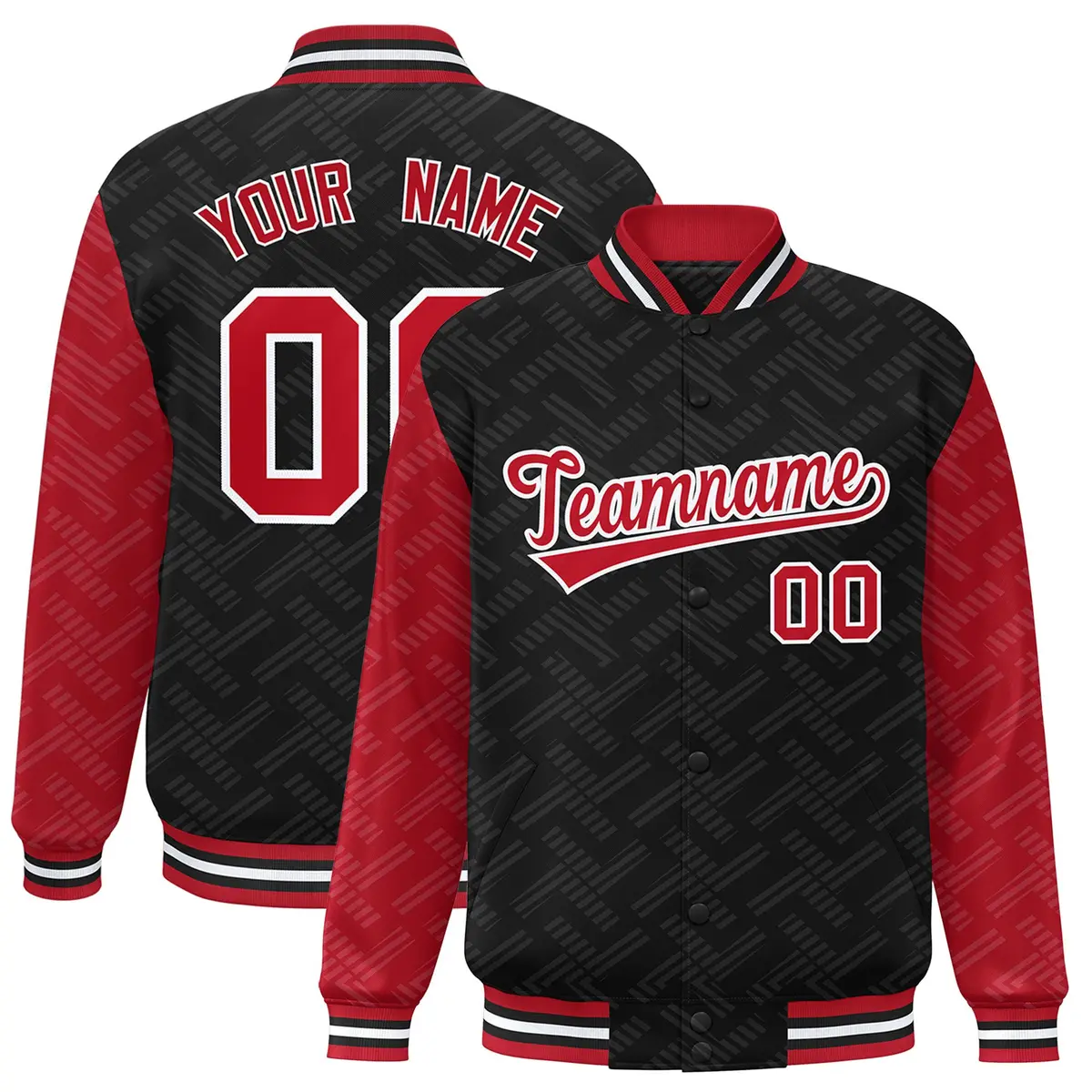Black Red L Pattern Raglan Full-Snap Varsity Letterman Jacket