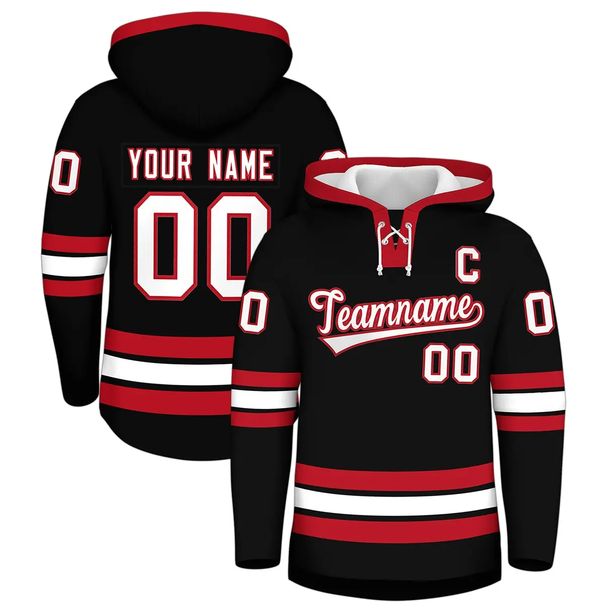 Black Red Lace-Up Neck Hockey Hoodie