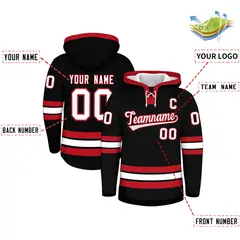 Black Red Lace-Up Neck Hockey Hoodie 2