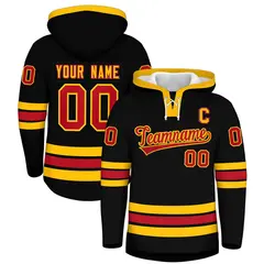 Black Red Lace-Up Neck Hockey Hoodie 1