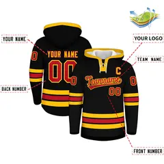 Black Red Lace-Up Neck Hockey Hoodie 2