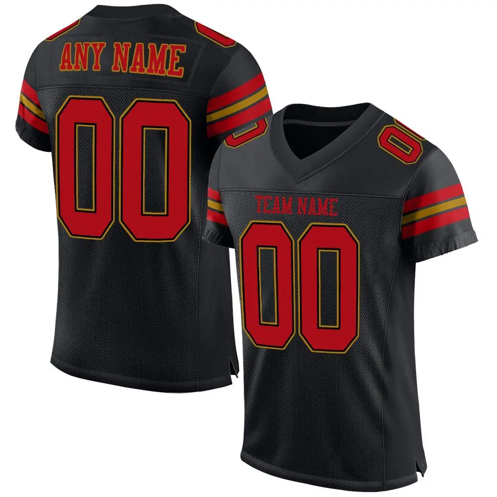 Black Red-Old Gold Classic Style Mesh Football Jersey