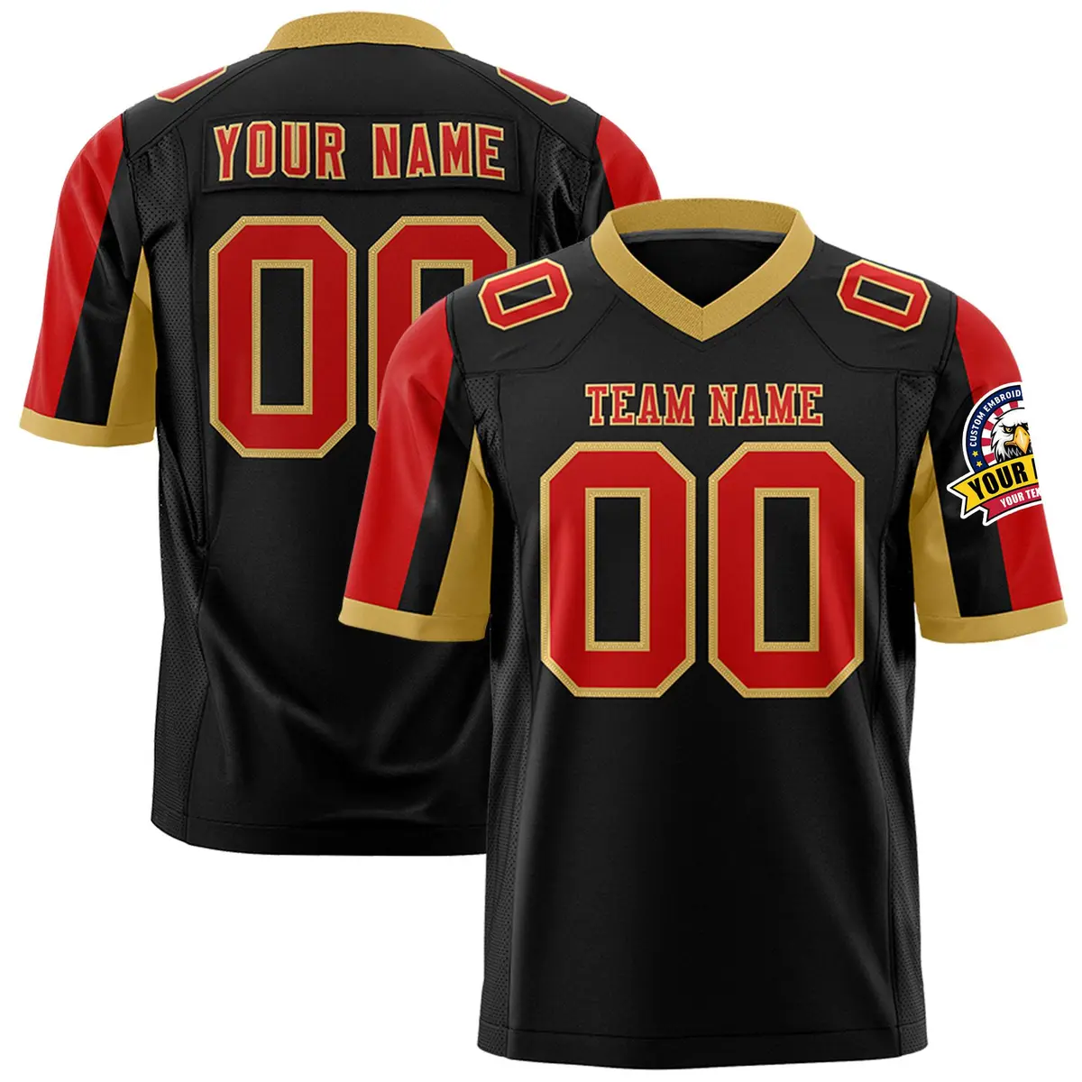 Black Red-Old Gold Color Block Raglan Sleeves Football Jersey