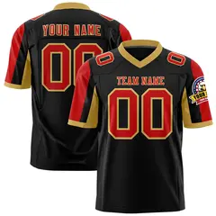 Black Red-Old Gold Color Block Raglan Sleeves Football Jersey