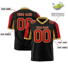 Black Red-Old Gold Color Block Raglan Sleeves Football Jersey 2