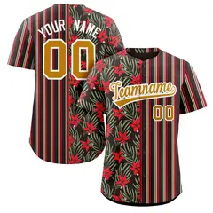 Black Red-Old Gold Hawaii Tropical Flower Stripe Baseball Jersey 1