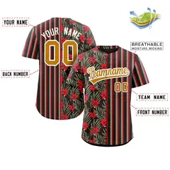 Black Red-Old Gold Hawaii Tropical Flower Stripe Baseball Jersey 2