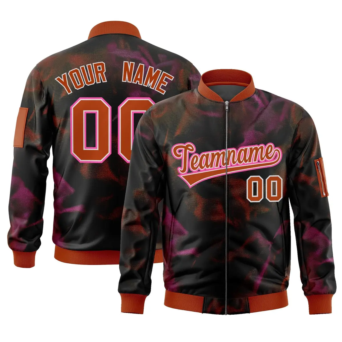 Black Red-Pink Blur Spray Varsity Full-Zip Letterman Bomber Jacket
