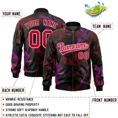 Black Red-Pink Blur Spray Varsity Full-Zip Letterman Bomber Jacket 2