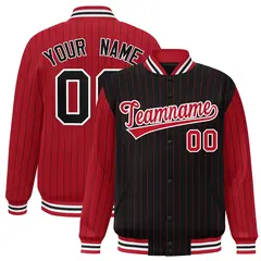 Black Red Pinstripe Raglan Varsity Full-Snap Letterman Baseball Jacket
