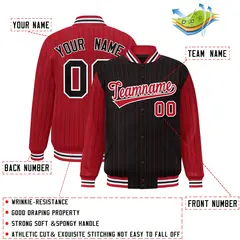 Black Red Pinstripe Raglan Varsity Full-Snap Letterman Baseball Jacket 2