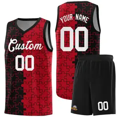 Black Red Puzzle Pattern Splid Basketball Kits 1