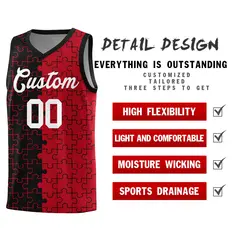 Black Red Puzzle Pattern Splid Basketball Kits 2
