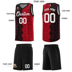 Black Red Puzzle Pattern Splid Basketball Kits 5