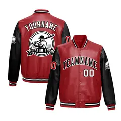 Black Red Raglan Full-Snap Faux Leather Letterman Jacket