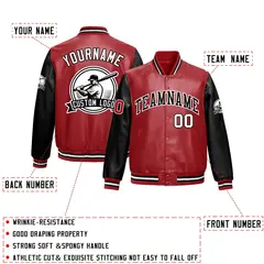 Black Red Raglan Full-Snap Faux Leather Letterman Jacket 2