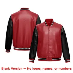 Black Red Raglan Full-Snap Faux Leather Letterman Jacket 6