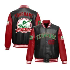 Black Red Raglan Full-Snap Faux Leather Letterman Jacket 1
