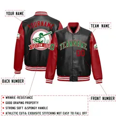 Black Red Raglan Full-Snap Faux Leather Letterman Jacket 2