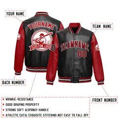Black Red Raglan Full-Snap Faux Leather Letterman Jacket 2