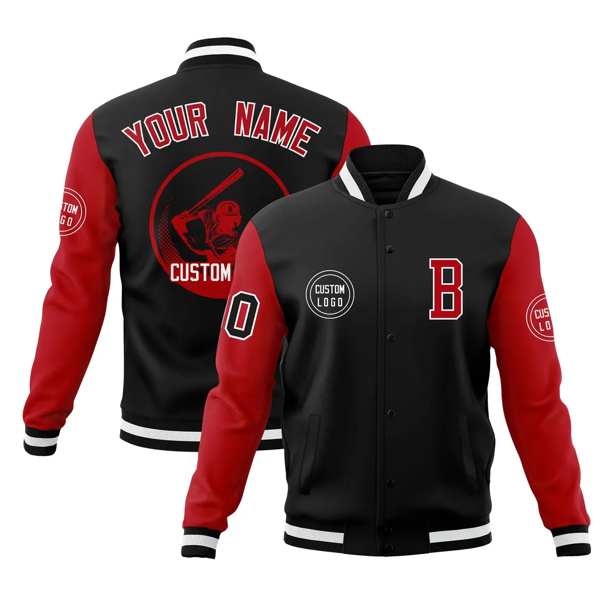 Black Red Raglan Full-Snap Varsity Letterman Baseball Jacket