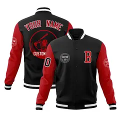 Black Red Raglan Full-Snap Varsity Letterman Baseball Jacket