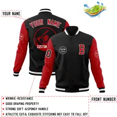 Black Red Raglan Full-Snap Varsity Letterman Baseball Jacket 4