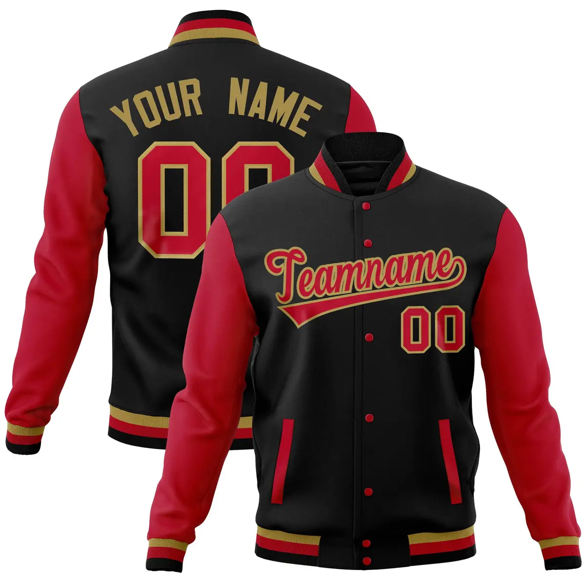 Black Red Raglan Full-Snap Varsity Letterman Jacket