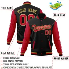 Black Red Raglan Full-Snap Varsity Letterman Jacket 4
