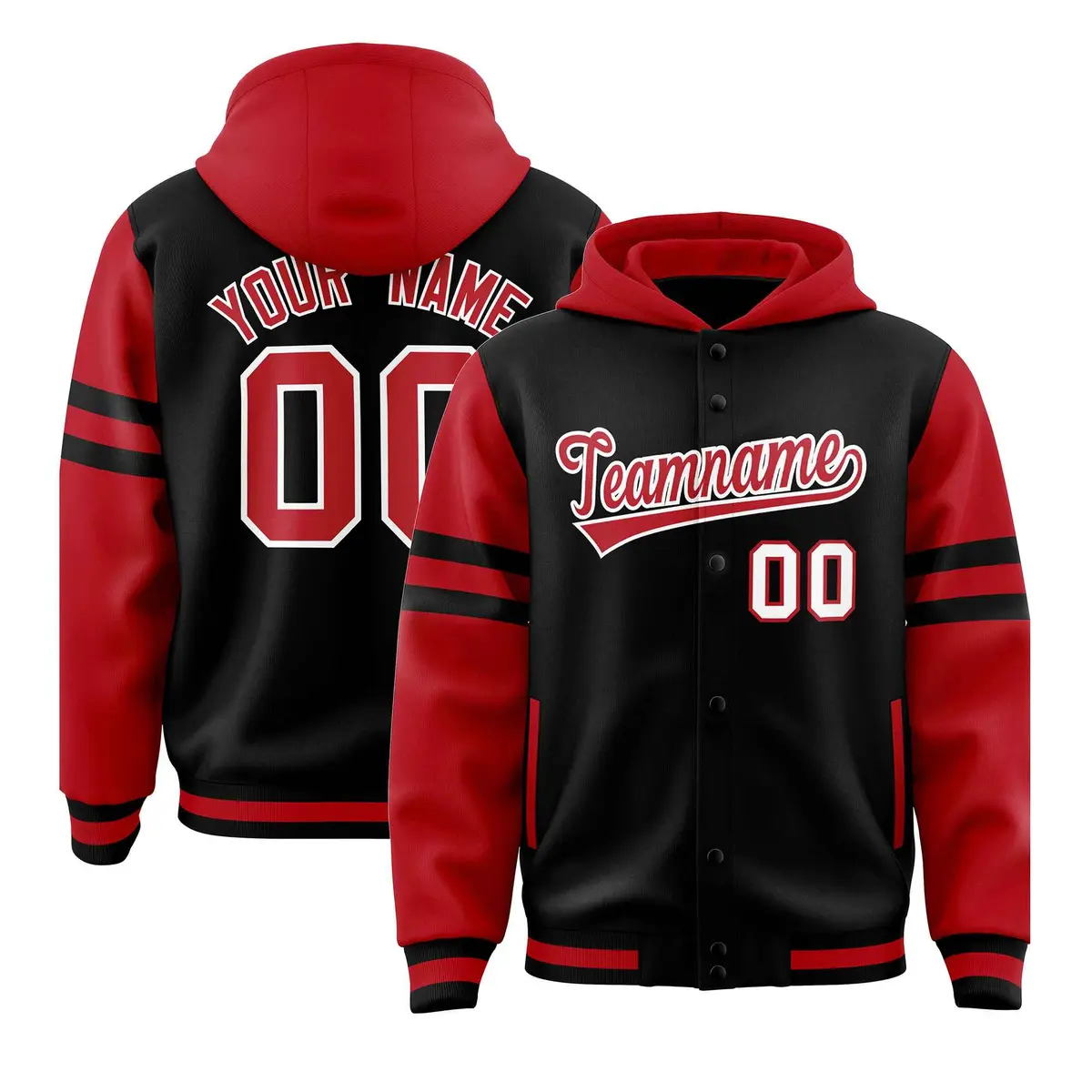 Black Red Raglan Full-Snap Varsity Three Stripes Hoodie Jacket