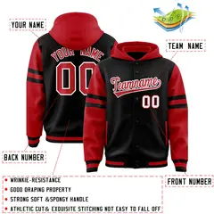 Black Red Raglan Full-Snap Varsity Three Stripes Hoodie Jacket 4