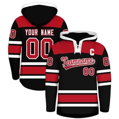 Black Red Raglan Lace-Up Neck Hockey Hoodie Jersey