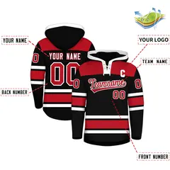 Black Red Raglan Lace-Up Neck Hockey Hoodie Jersey 2