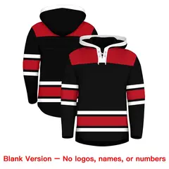 Black Red Raglan Lace-Up Neck Hockey Hoodie Jersey 7