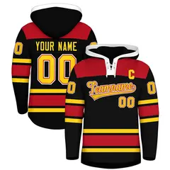 Black Red Raglan Lace-Up Neck Hockey Hoodie Jersey 1