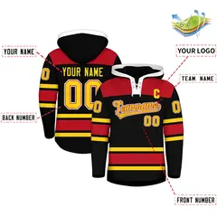 Black Red Raglan Lace-Up Neck Hockey Hoodie Jersey 2