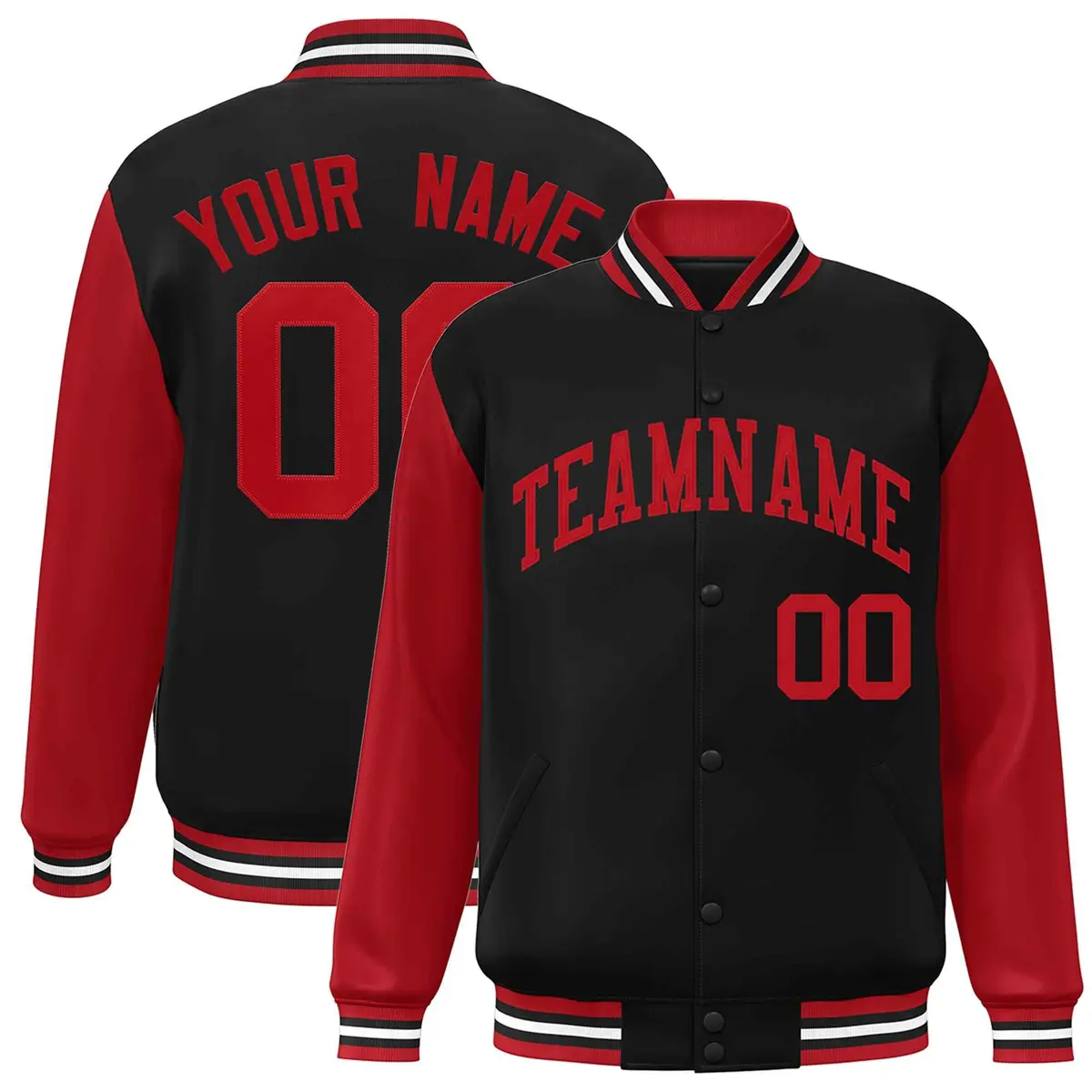 Black Red Raglan Sleeves Varsity Full-Snap Letterman Jacket